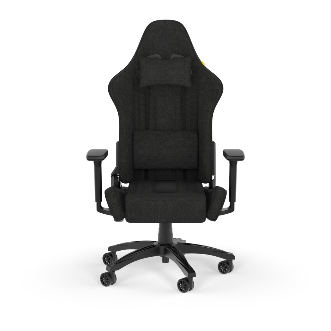 Rear/side view of black fabric gaming chair