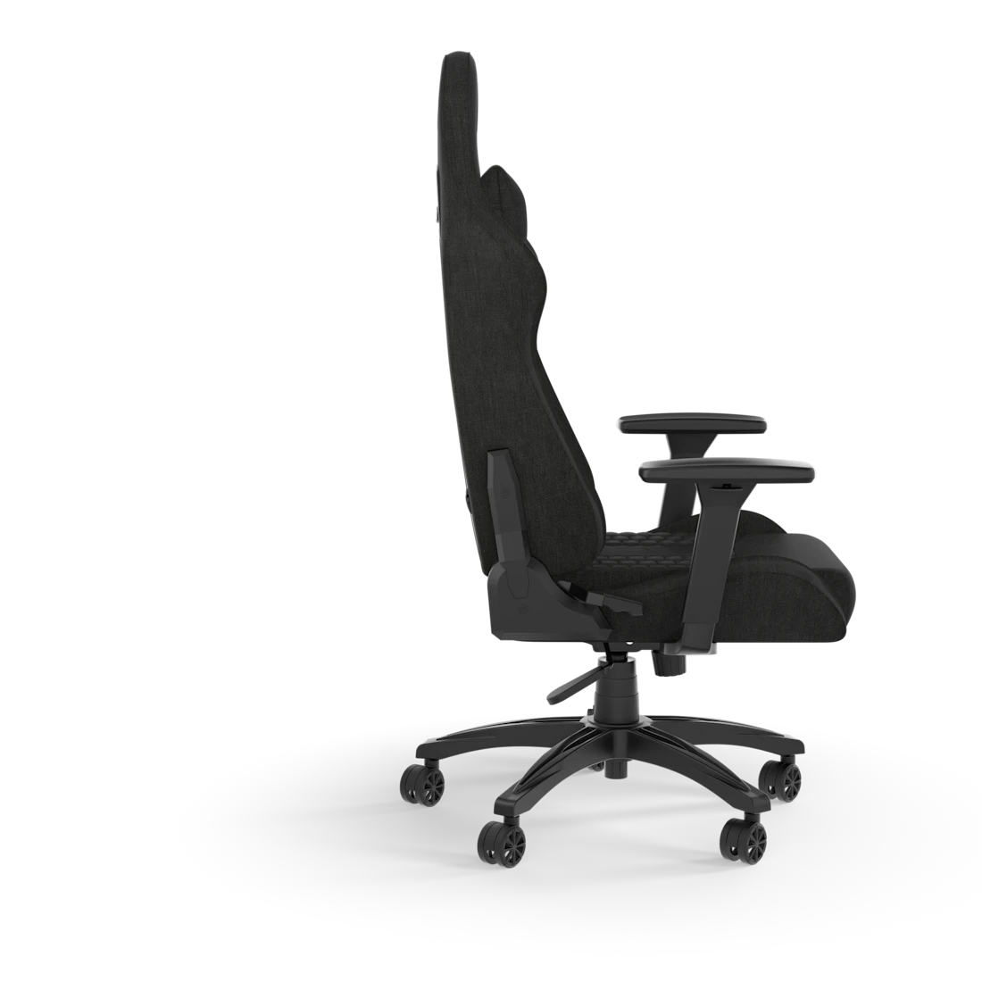 Side profile of chair with armrests and wheels
