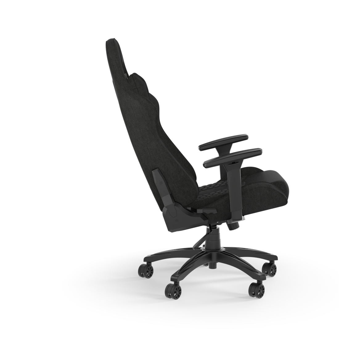 Side view of chair focusing on armrest and tilt mechanism