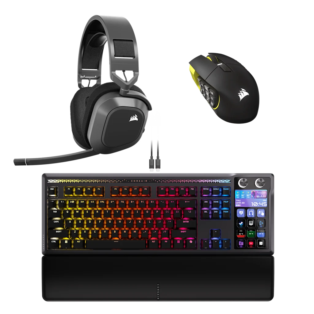 MMO Gaming Bundle: Scimitar Wireless Mouse, Galleon 100 SD Keyboard, HS80 Max Headset