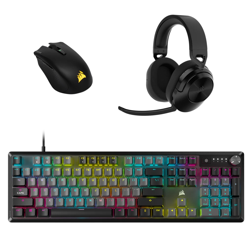 K70 Core Keyboard, Harpoon Wireless Mouse, HS55 Wireless Headset