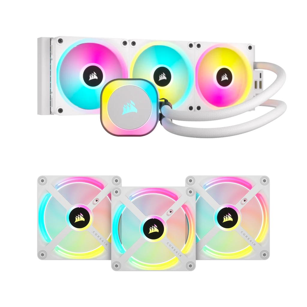 iCUE Link H150i AIO Cooler - White and QX120 Triple Fan Kit iCUE Link H150i AIO Cooler - White and QX120 Triple Fan Kit