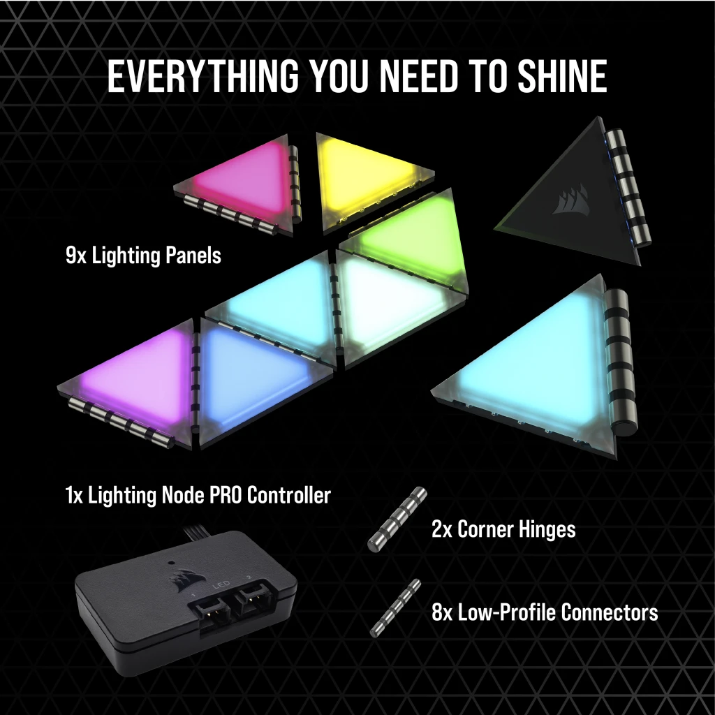 iCUE LC100 Case Accent Lighting Panels - Mini Triangle - 9x Tile Starter Kit