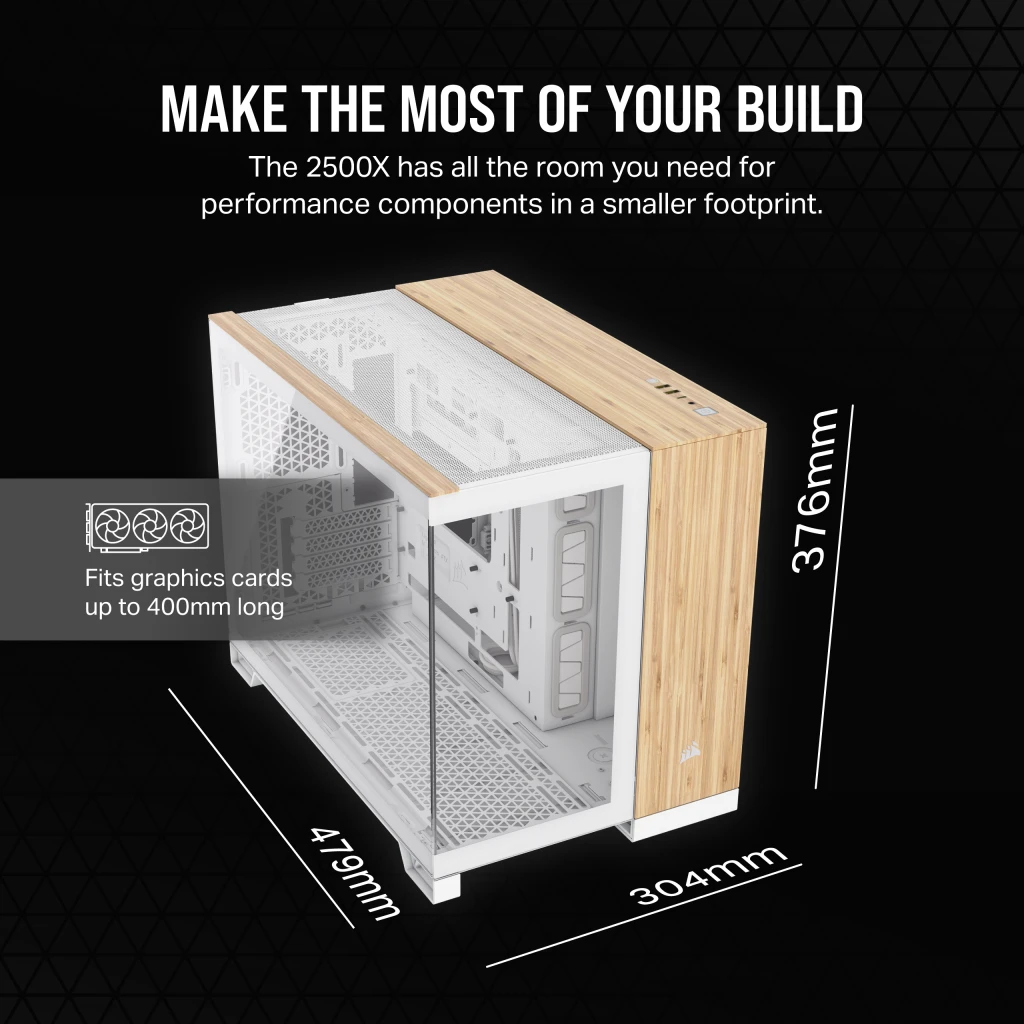 2500X Micro ATX デュアルチャンバー PC ケース - ホワイト/Bamboo 木製