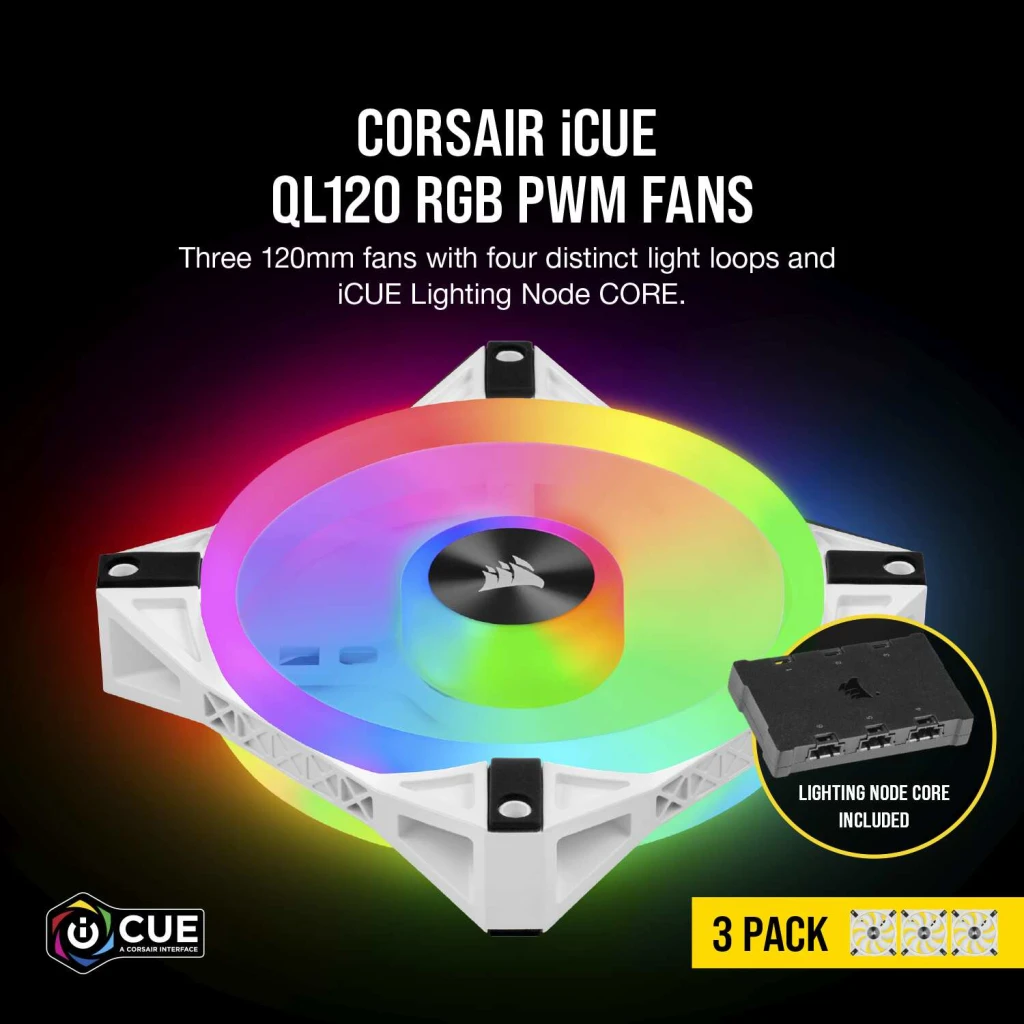iCUE QL120 RGB 120mm PWM White Fan — Triple Fan Kit with Lighting Node CORE
