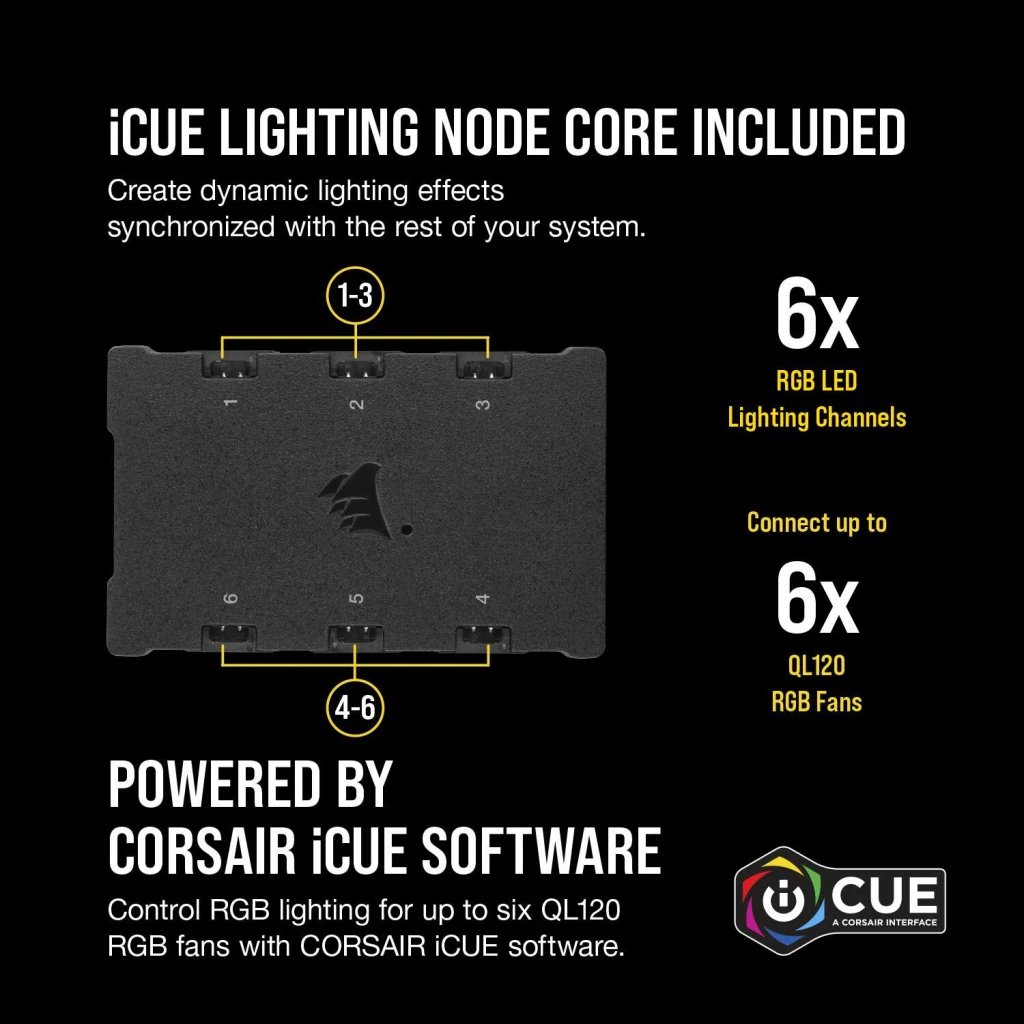 iCUE QL120 RGB 120mm PWM White Fan — Triple Fan Kit with Lighting Node CORE