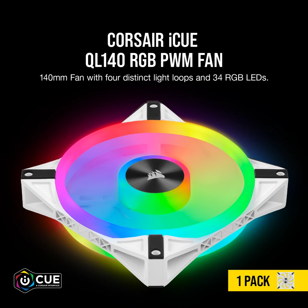 iCUE QL140 RGB 140mm PWM White Fan — Single Pack