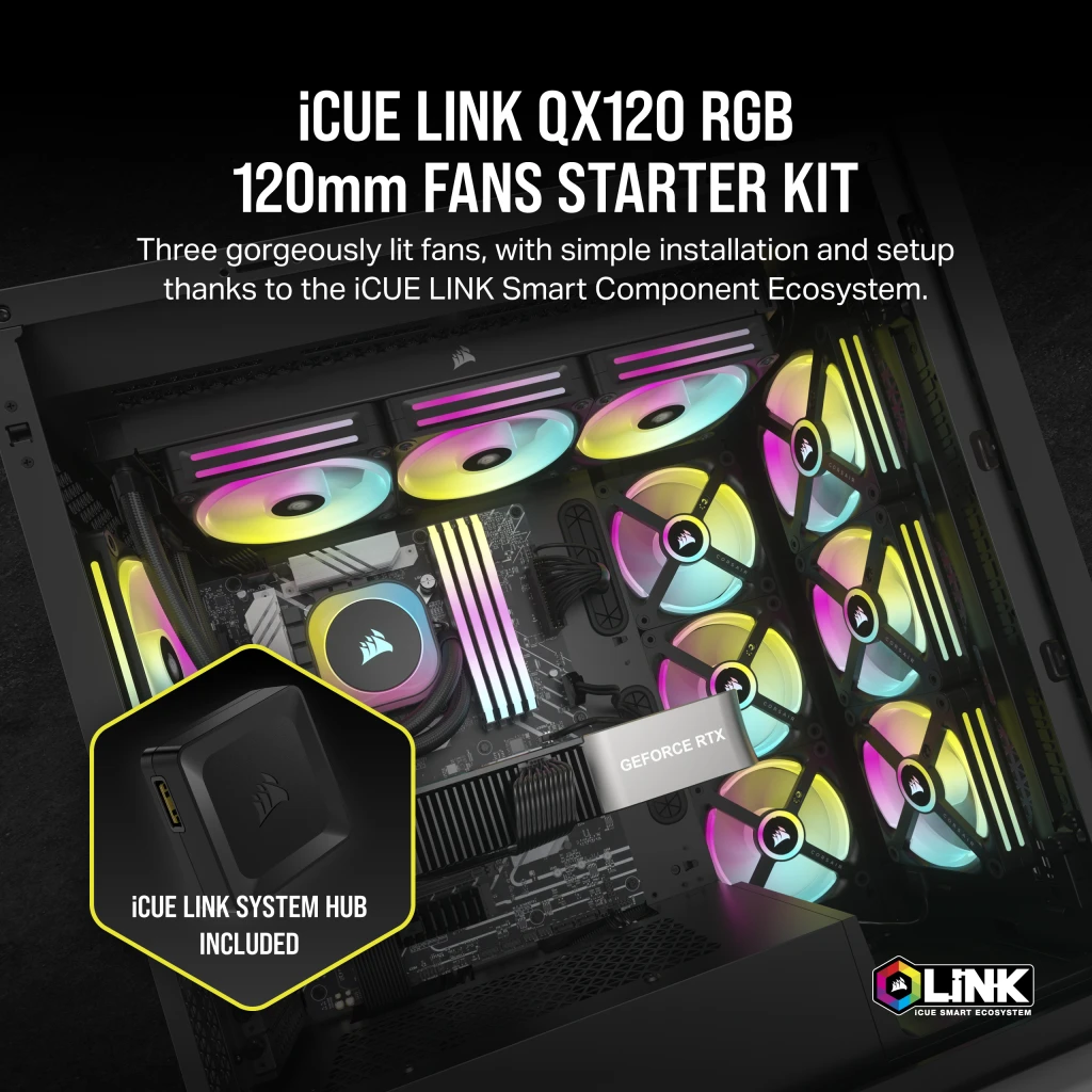 Corsair iCUE LINK QX120 RGB 120mm Magnetic Dome RGB Fans - Triple Fan  Starter Kit with iCUE LINK System Hub - White