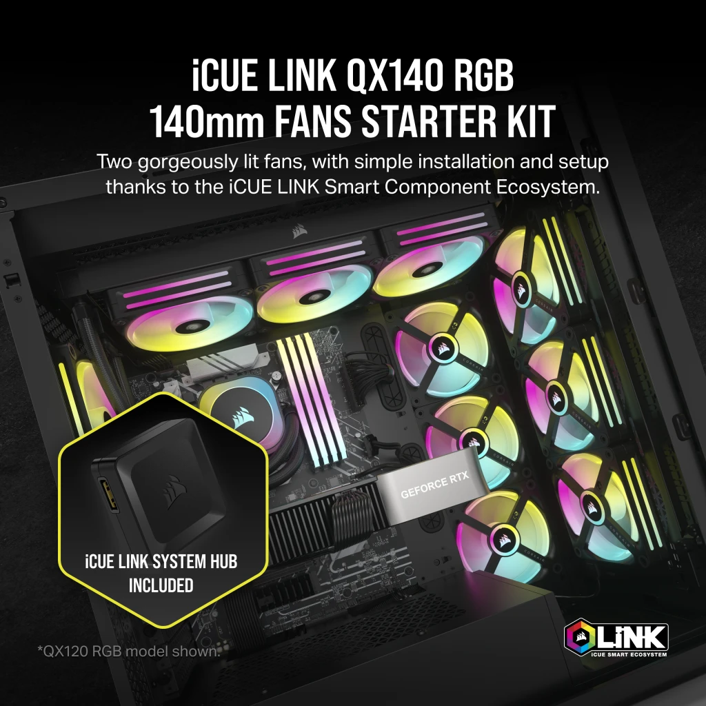 iCUE LINK QX140 RGB 140mm PWM PC Fans Starter Kit with iCUE LINK System Hub