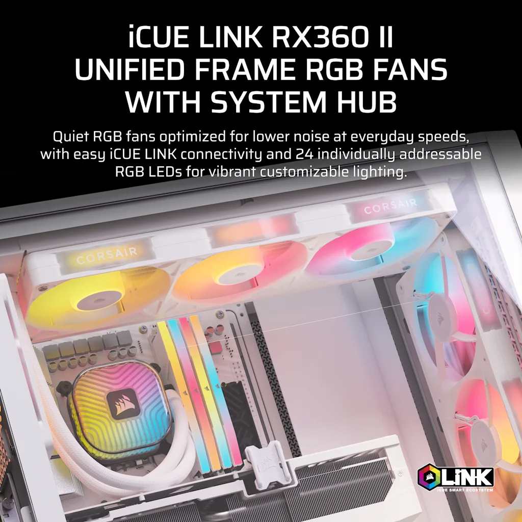 Corsair iCUE LINK RX360 II Unified Frame RGB PWM PC Fans Starter Kit with iCUE LINK System Hub - White thumbnail 2
