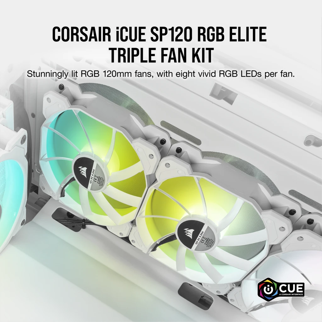 iCUE SP120 RGB ELITE Performance 120mm White PWM Fan — Triple Pack with Lighting Node CORE