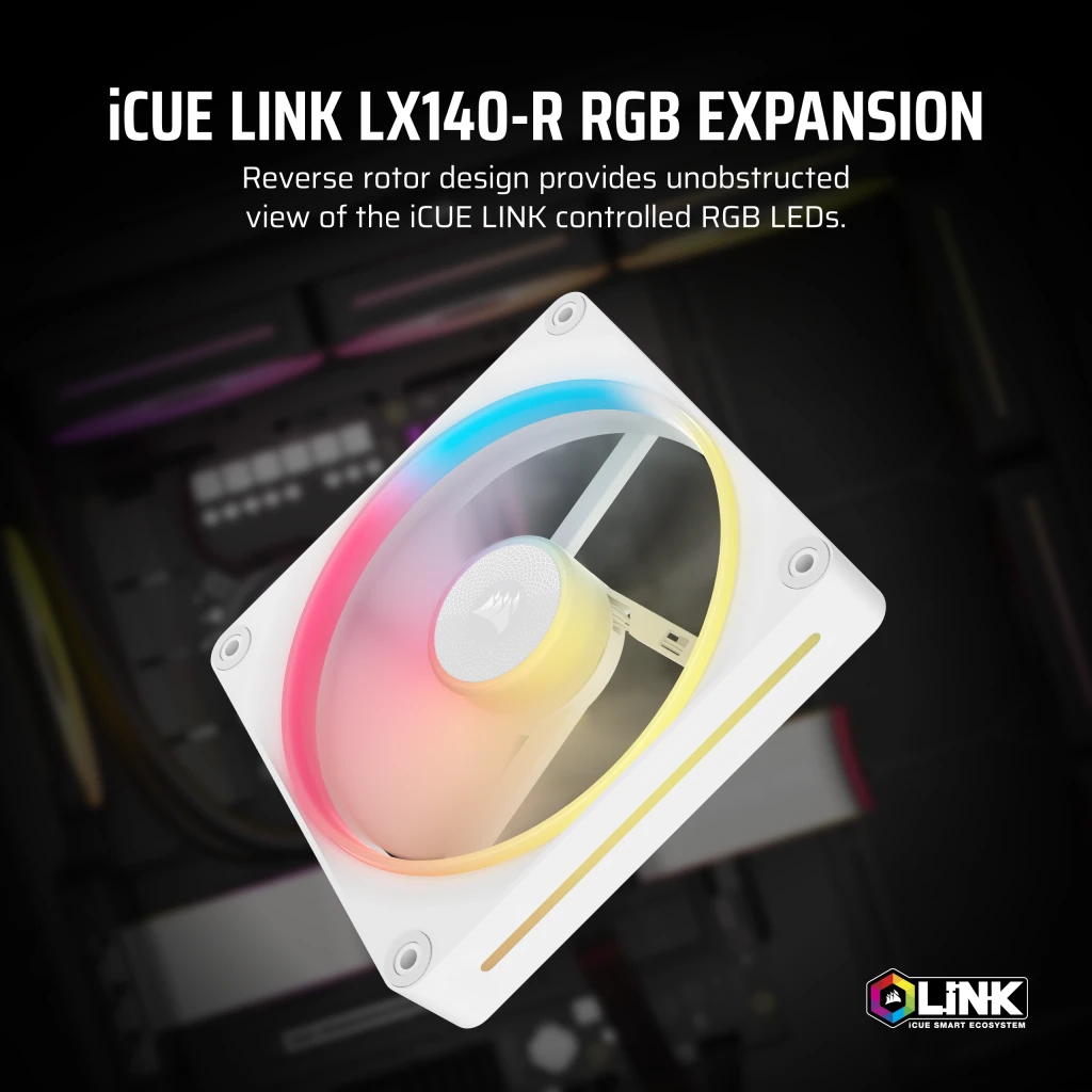 Corsair iCUE LINK LX140-R RGB 140mm PWM Reverse Fan Expansion - White thumbnail 2