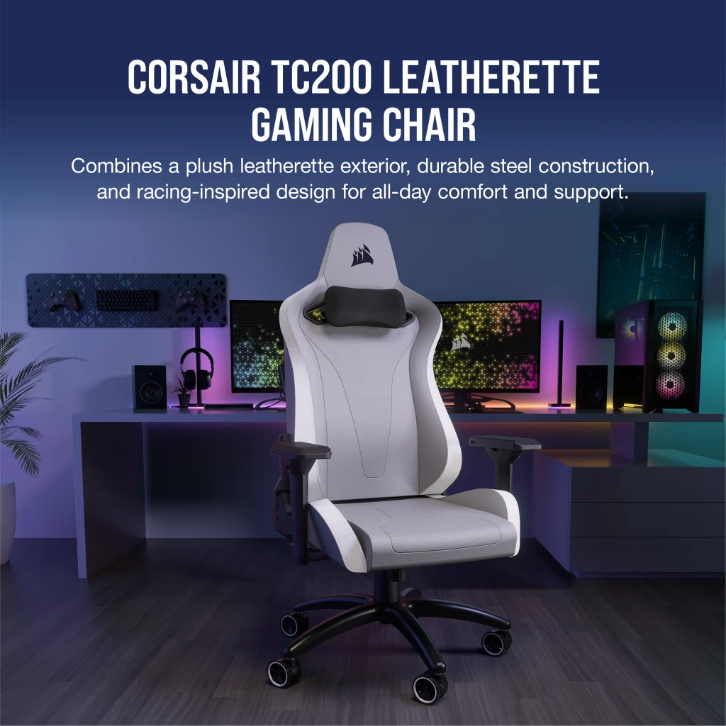 TC200 Gaming Chair Plush Leatherette Light Grey White UK