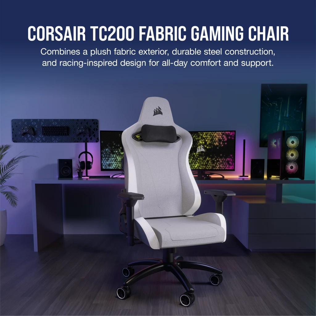 TC200 Gaming Chair – Soft Fabric – Light Grey/White