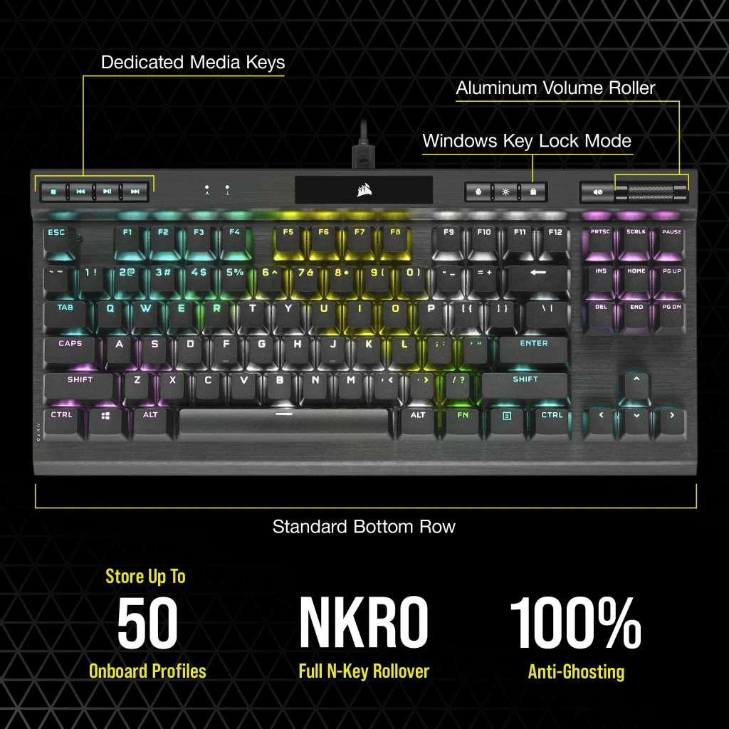 Corsair K70 RGB TKL CHAMPION SERIES Optical-Mechanical Gaming Keyboard with PBT DOUBLE SHOT PRO Keycaps (UK) thumbnail 7