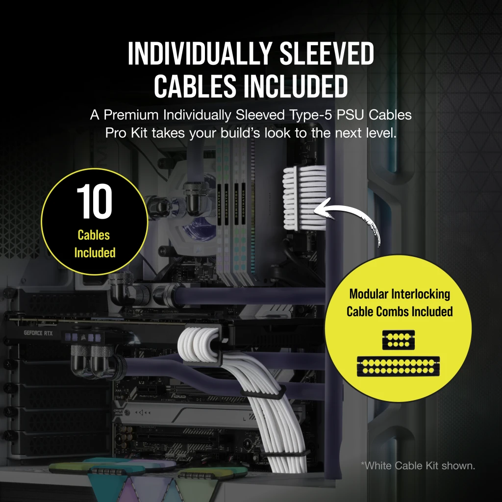 Corsair 1000W RM1000x 12vhpwrケーブル付き RM1000x Shift with Premium Sleeved Type-5 Pro Cables Kit - White