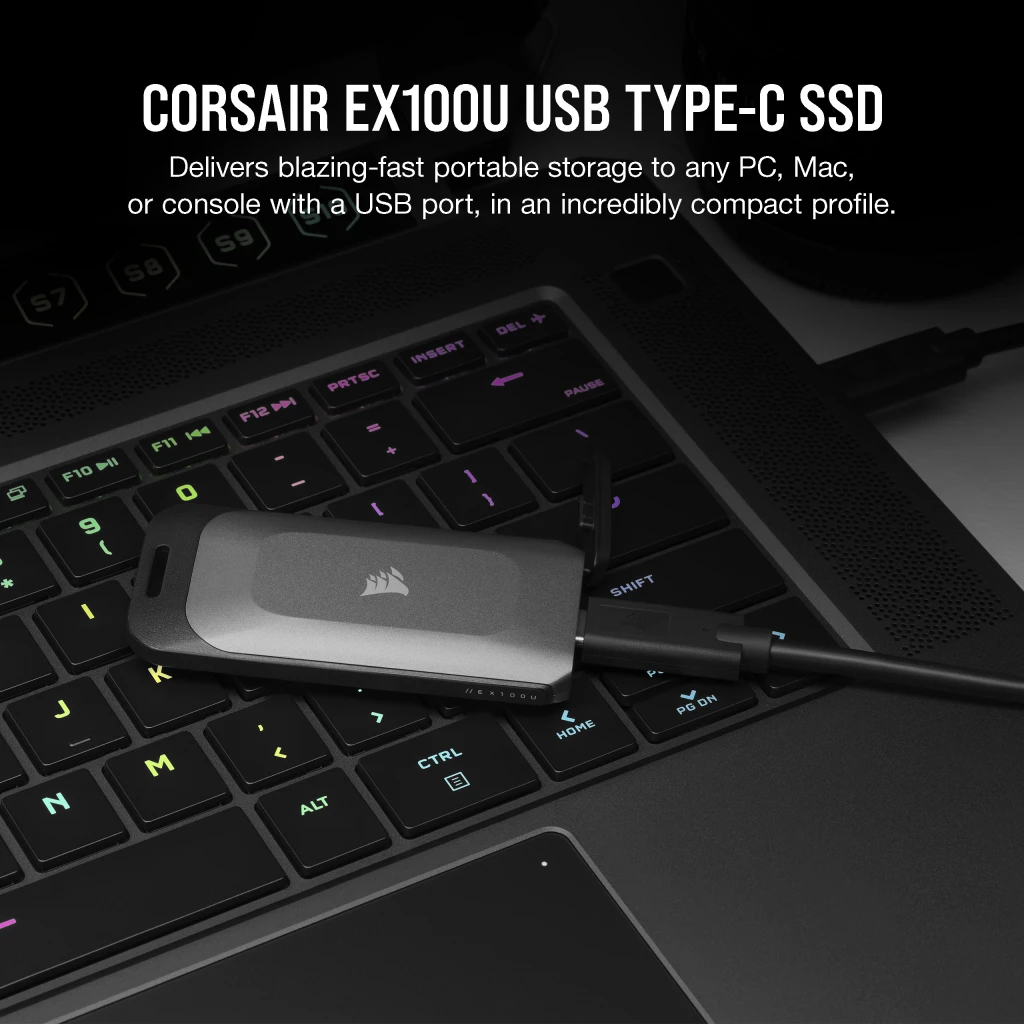  Corsair EX100U 4TB Portable USB Type-C Storage Drive -  Blazing-Fast Storage to Any PC/Mac/Console, Gen2 x2 Connection, Up to  20Gbps, Plug and Play, Included USB Type-C and USB Type-A Cables 