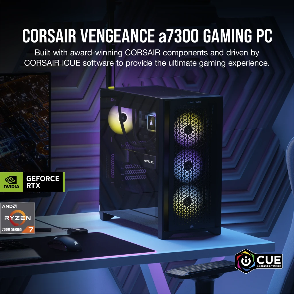 CORSAIR VENGEANCE a7300 Gaming PC: AMD Ryzen 7 7700X, NVIDIA RTX 4070 Ti,  32GB DDR5 5600 MTs Memory, 1TB NVMe SSD