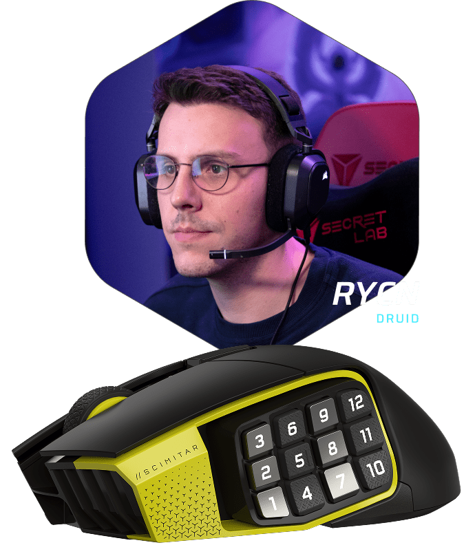 RYCN, Druid player, with a Corsair Scimitar mouse showing the 12-button side panel