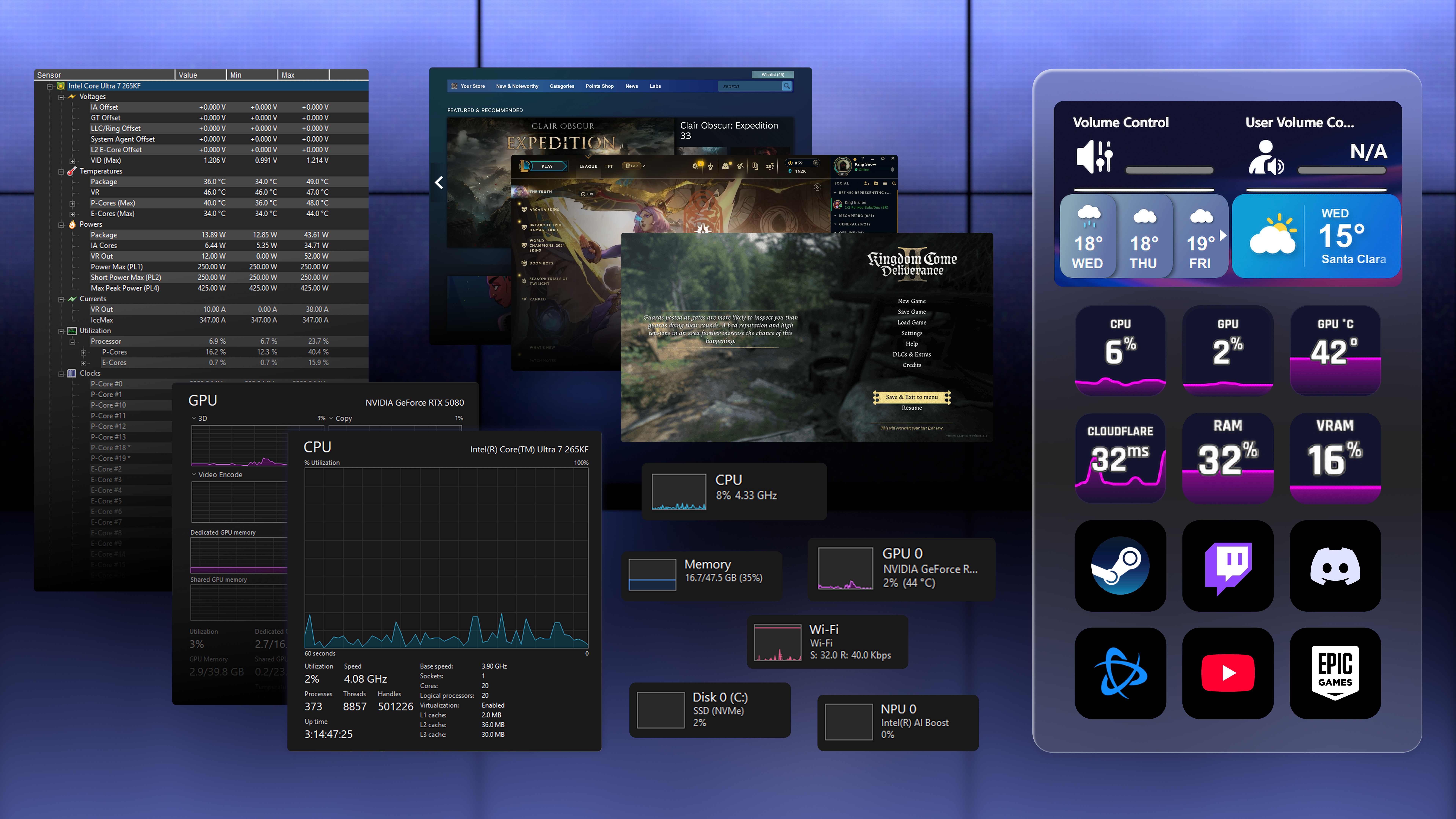 Imagem oficial Corsair mostrando estatísticas do sistema e widgets do Stream Deck no GALLEON 100 SD