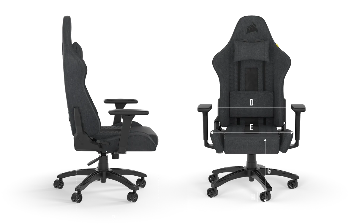Corsair tc100 relaxed | tkanina grey and black | širok sedež in naklon do 160° | gaming stol 3 Corsair tc100 relaxed fabric gaming stol z označenimi merami sedeža in naslonjala