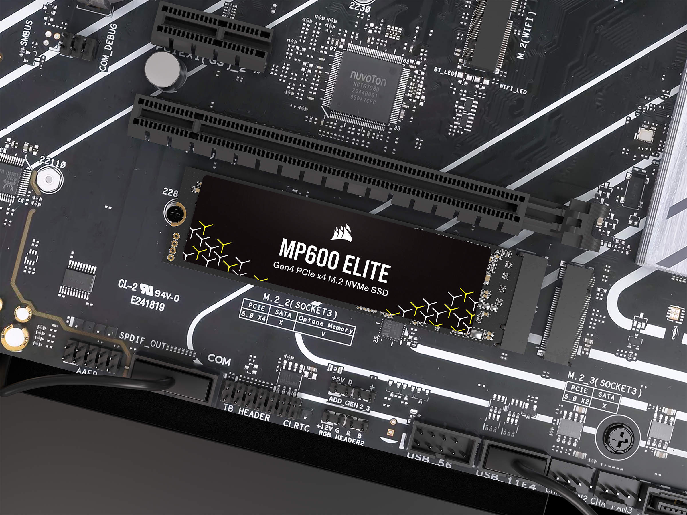 Corsair mp600 elite | 1tb | pcie 4. 0 nvme 1. 4 | do 7000/6200 mb/s | 256-bit aes | m. 2 ssd disk 2 Corsair mp600 elite 1tb ssd nameščen v režo m. 2 na matični plošči