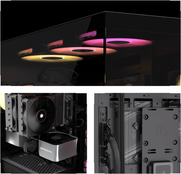Corsair icue link 3500x rgb | črno kaljeno steklo | 3x rx120 rgb icue link | atx e-atx midi-tower ohišje 4 Corsair icue link 3500x rgb detajli notranjosti in montaže komponent