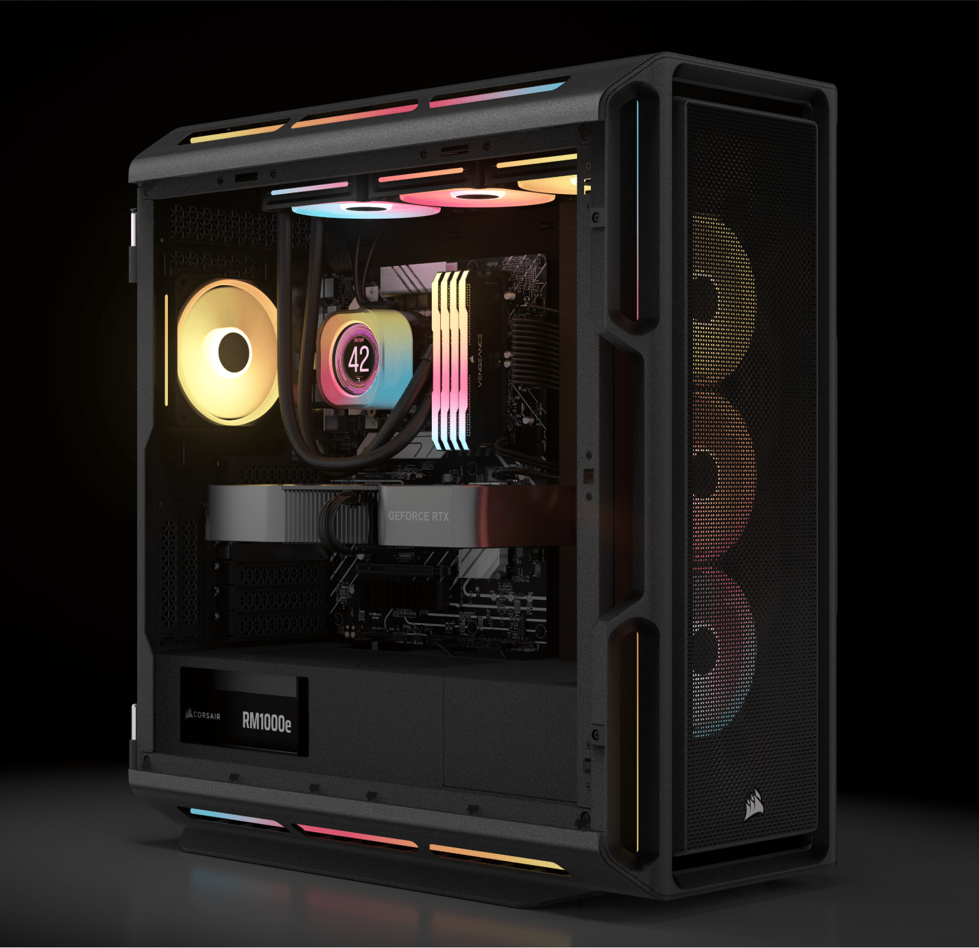 Nguồn Corsair RM1000e lắp trong hệ thống PC gaming hiệu năng cao.