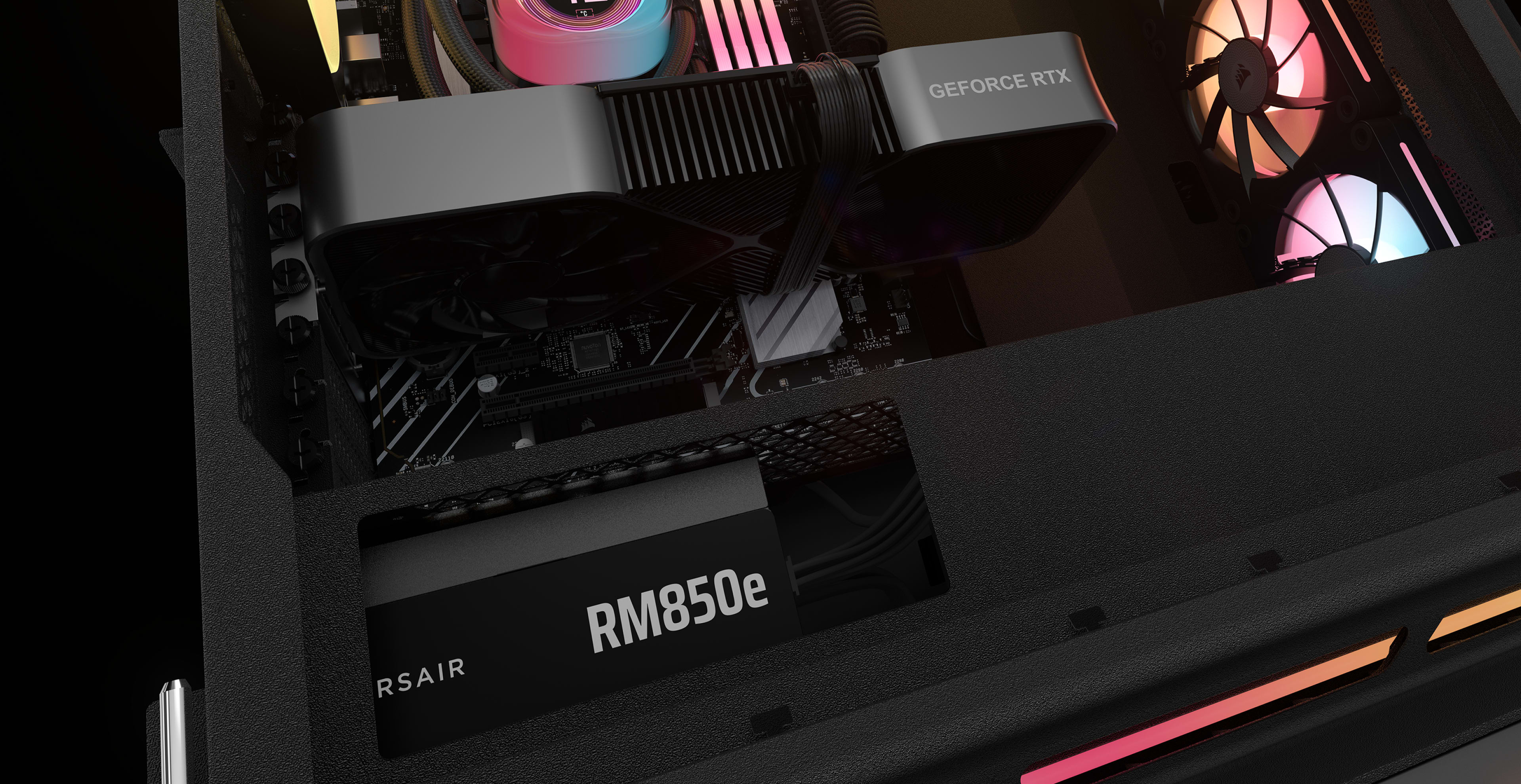 Corsair rme series rm850e | 850w | 80 plus gold | atx 3. 1 | pcie 5. 1 | 12v-2x6 | modularni napajalnik 2 Corsair rm850e napajalnik vgrajen v gaming računalnik z grafično kartico