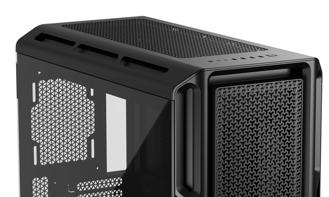 Corsair 5000t | atx midi-tower | kaljeno steklo | visok pretok zraka | rapidroute upravljanje kablov | črno računalniško ohišje 3 Corsair 5000t zgornji mesh panel in sprednji priključki
