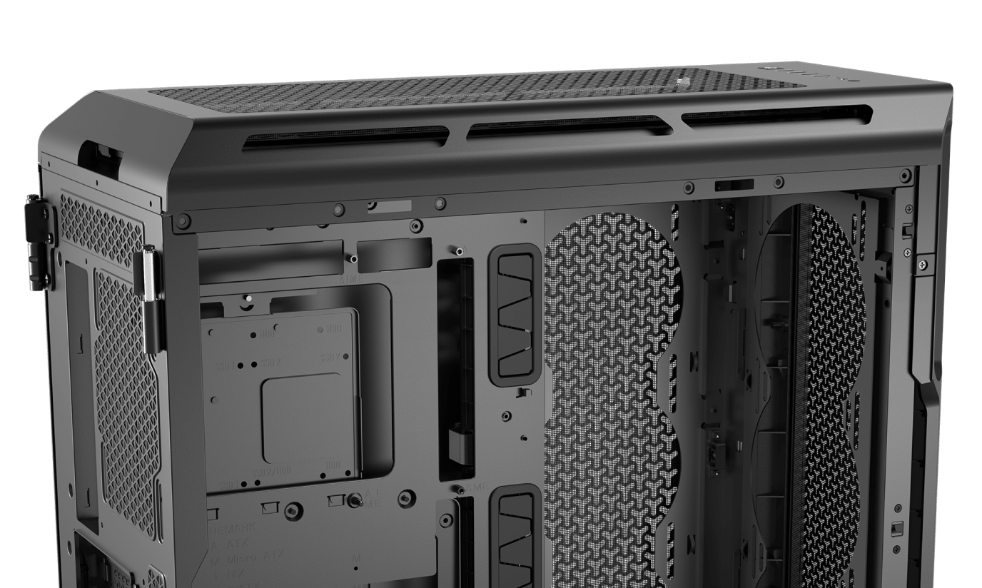 Corsair 5000t | atx midi-tower | kaljeno steklo | visok pretok zraka | rapidroute upravljanje kablov | črno računalniško ohišje 2 Corsair 5000t notranjost ohišja s podporo za ventilatorje in radiatorje