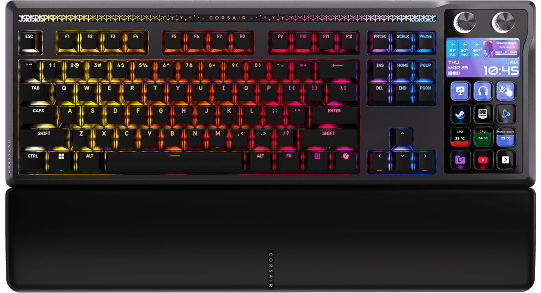 Imagem oficial frontal do Corsair GALLEON 100 SD com RGB e apoio de pulso