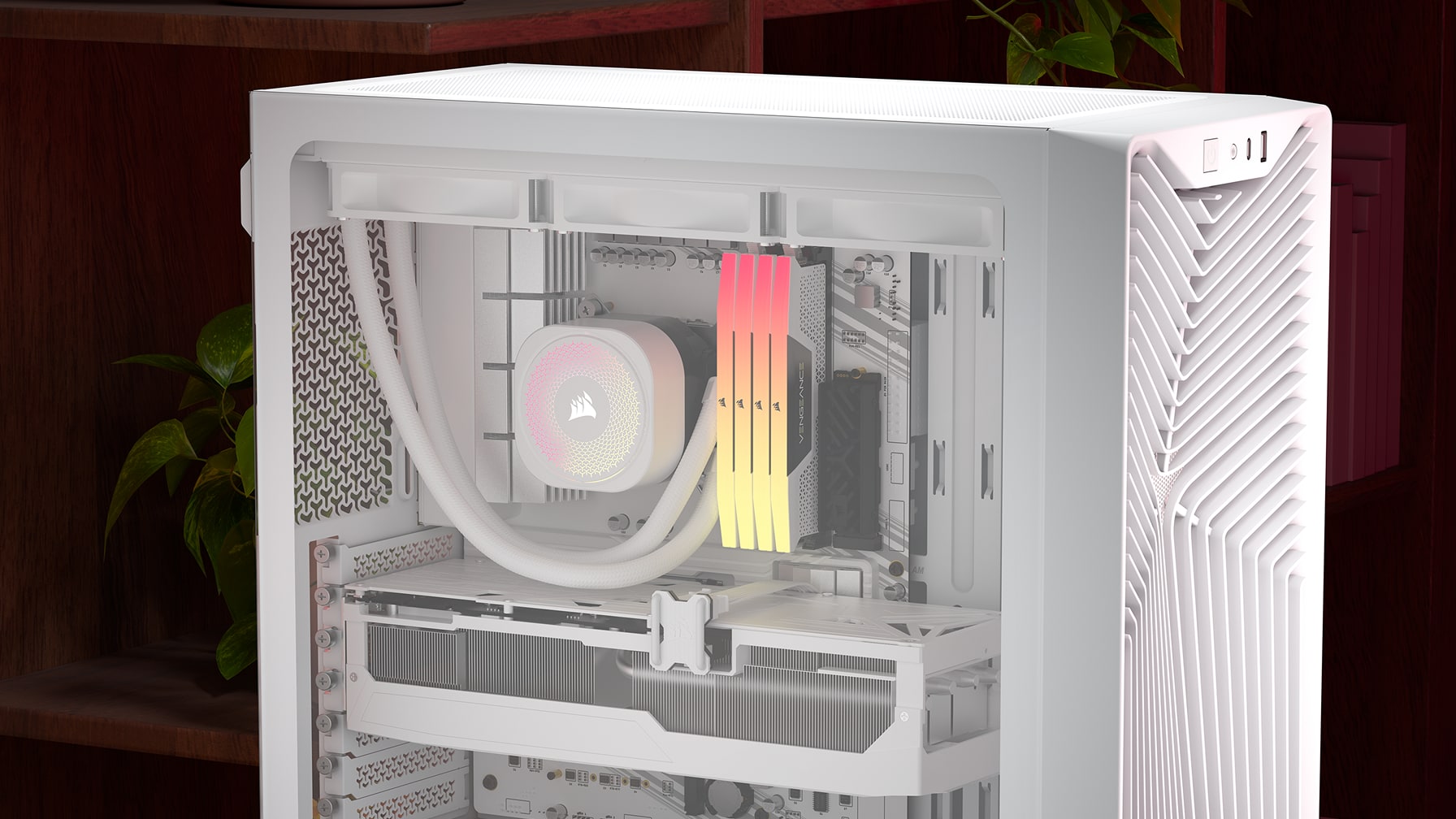 Corsair 3200d rs | belo ohišje midi-tower | atx mini-itx micro-atx | kaljeno steklo | 3x rs120 ventilatorji | računalniško ohišje 2 Corsair 3200d rs white notranjost ohišja z nameščenimi komponentami