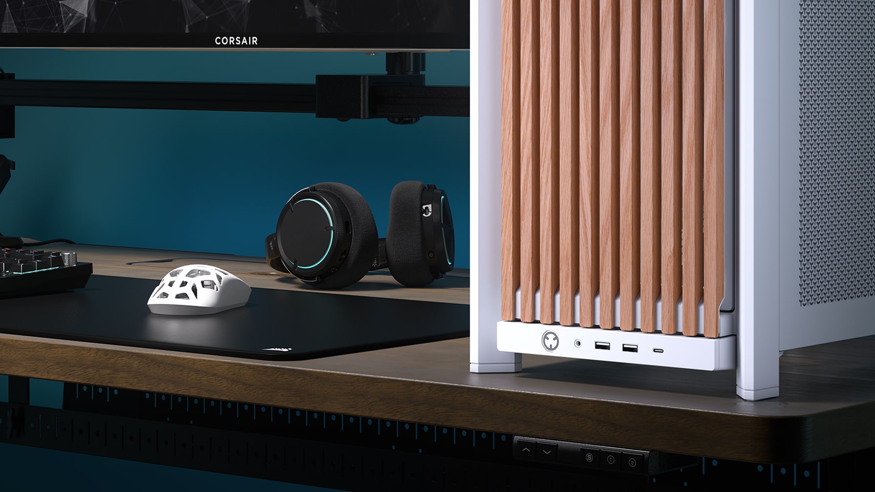 Corsair frame 4000d rs wood | bela hrast | e-atx | 4x rs120 pwm | kaljeno steklo | modularno midi-tower ohišje 3 Corsair frame 4000d rs wood white oak sprednji leseni panel na mizi