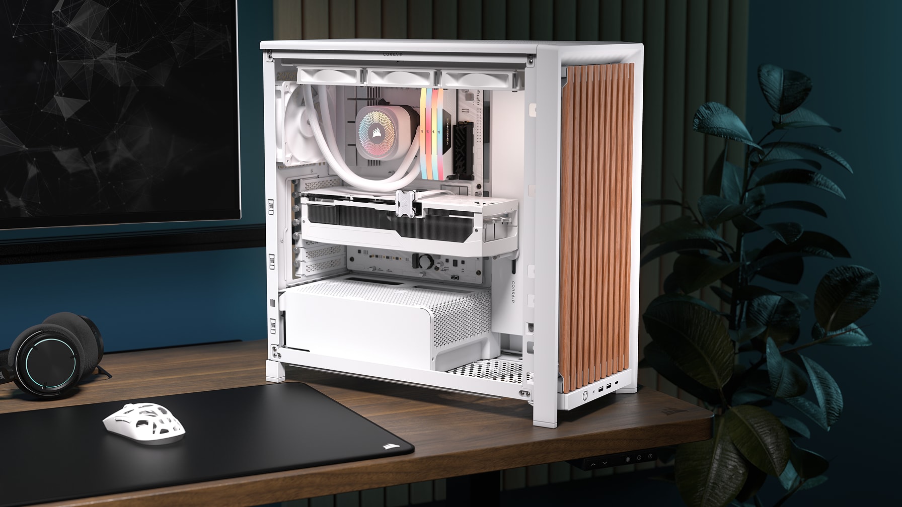 Corsair frame 4000d rs wood | bela hrast | e-atx | 4x rs120 pwm | kaljeno steklo | modularno midi-tower ohišje 2 Corsair frame 4000d rs wood white oak sestavljen računalnik v belem ohišju