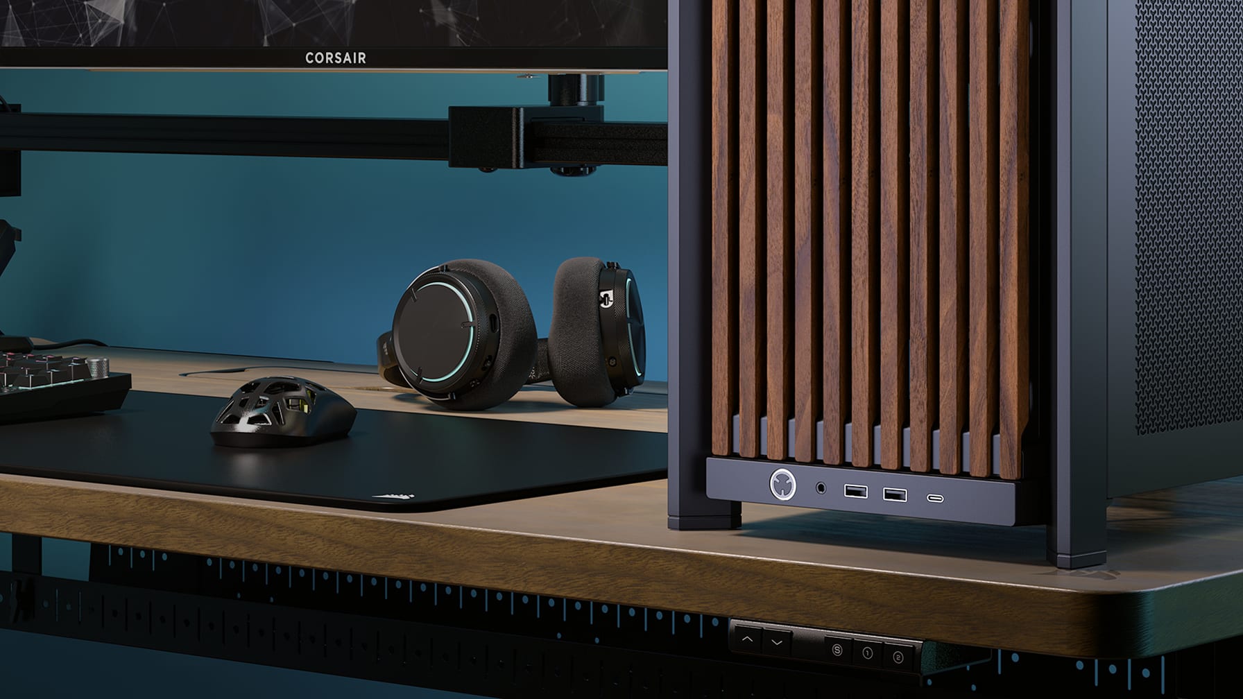 Corsair frame 4000d rs wood ohišje na mizi z lesenim sprednjim panelom
