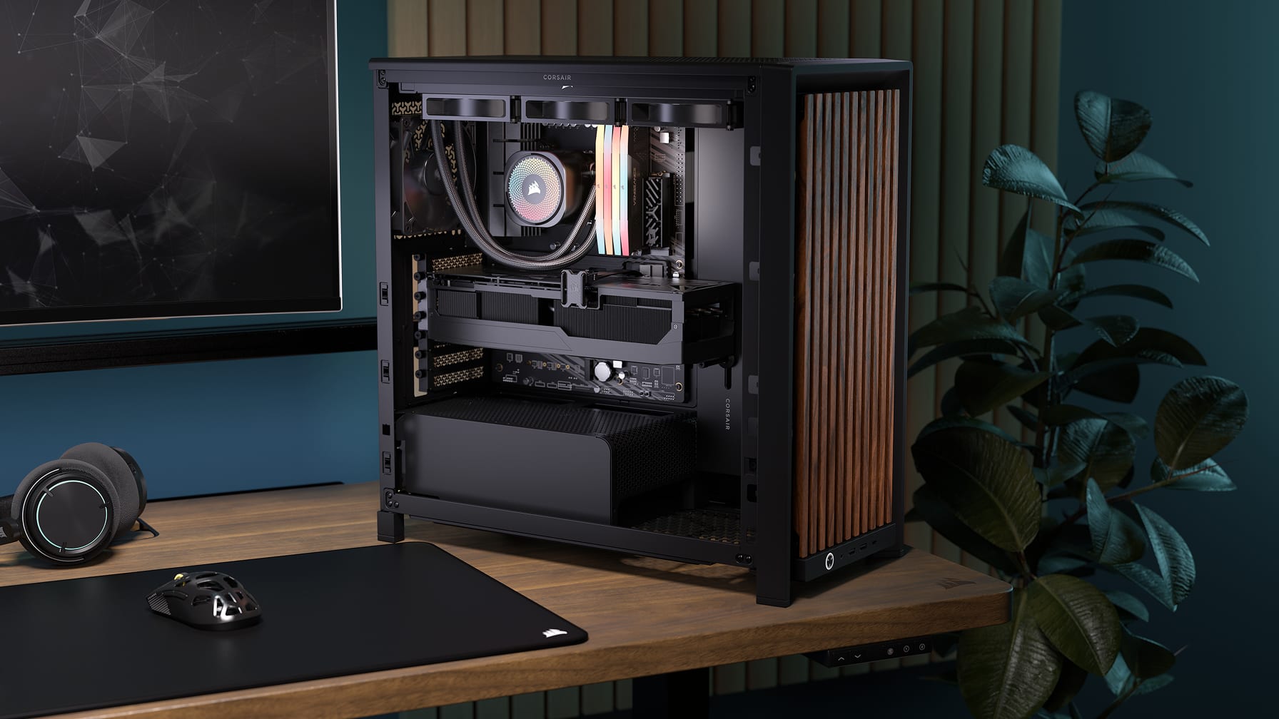 Corsair frame 4000d rs wood notranjost ohišja z vgrajenimi komponentami