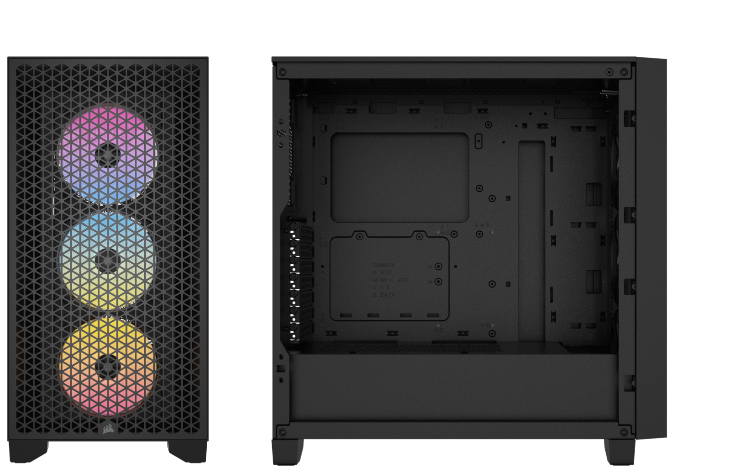 Head-on view of empty 3000D RGB AIRFLOW PC case showing fan capacity.
