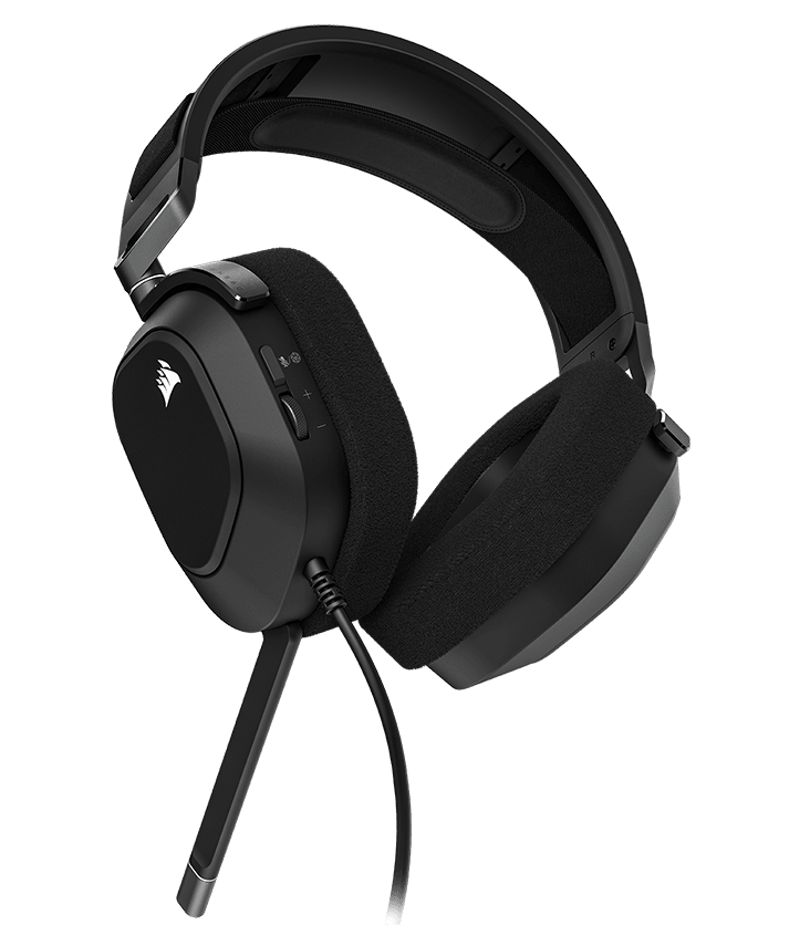 Three-quarter front view of HS80 RGB USB gaming headset with audio visualization effects graphics.