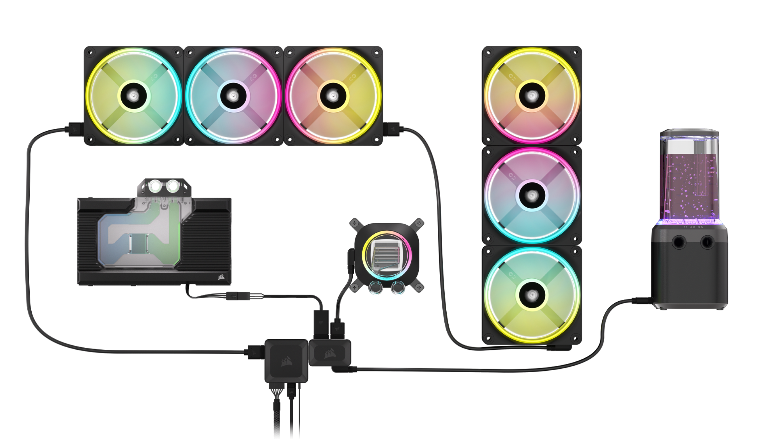 Showcase of the iCUE LINK XG7 40-SERIES GPU Water Block connected to the system hub