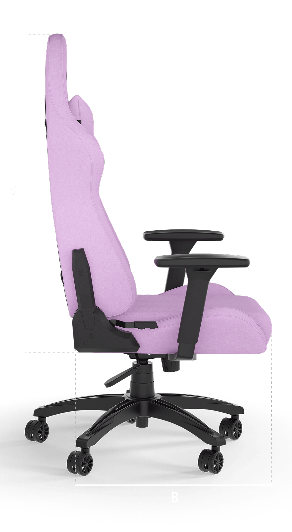 TC100 RELAXED Gaming chair side view with indicated size measurements.