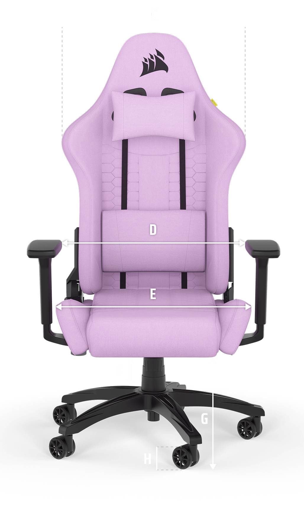 TC100 RELAXED Gaming chair frontal view with indicated size measurements.