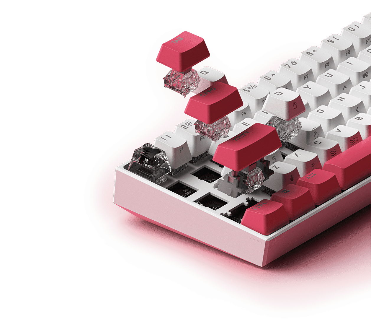 An exploded view of the Flavor Rush keyboard, showing off the keycap details