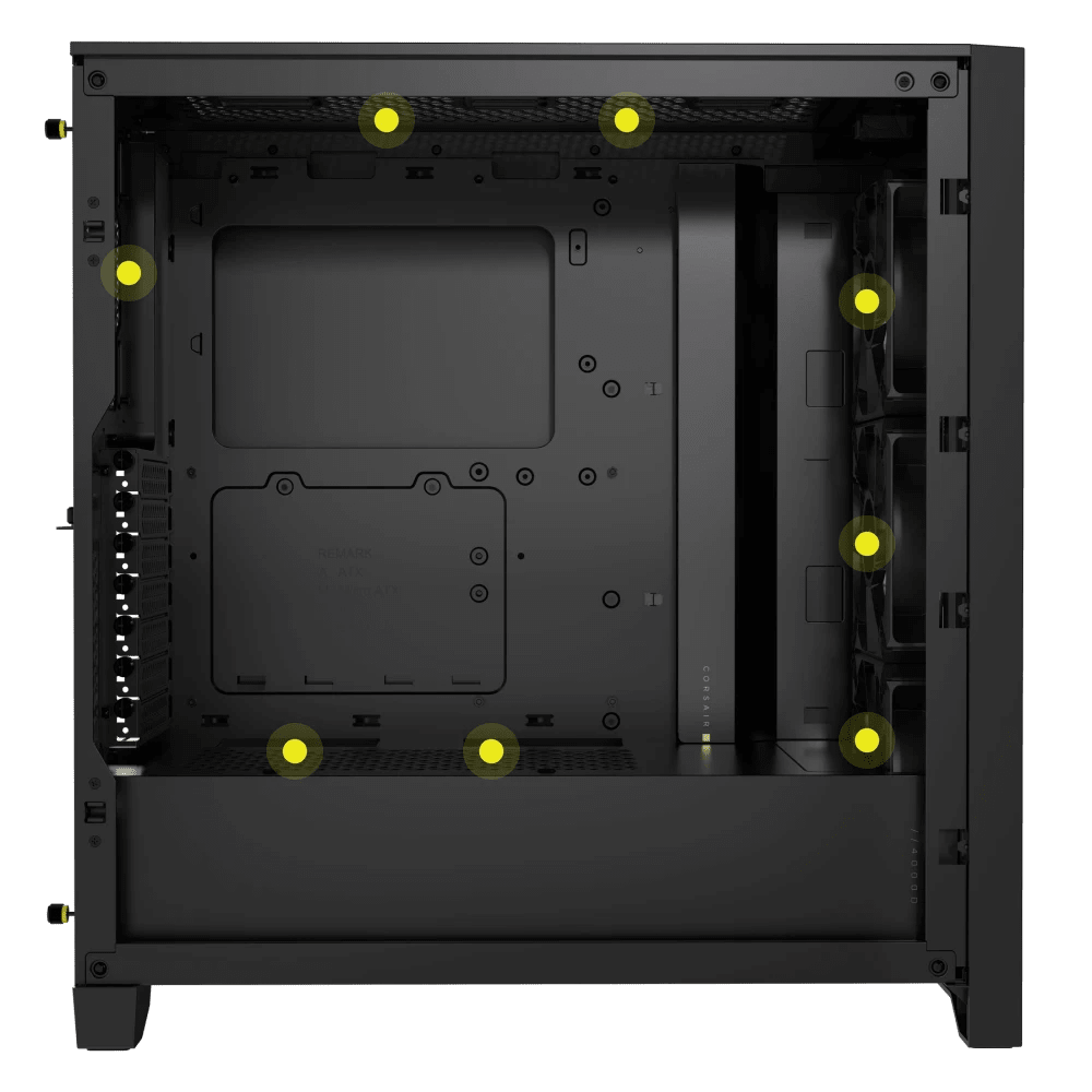 view of empty 4000D RGB AIRFLOW PC case showing fan capacity.