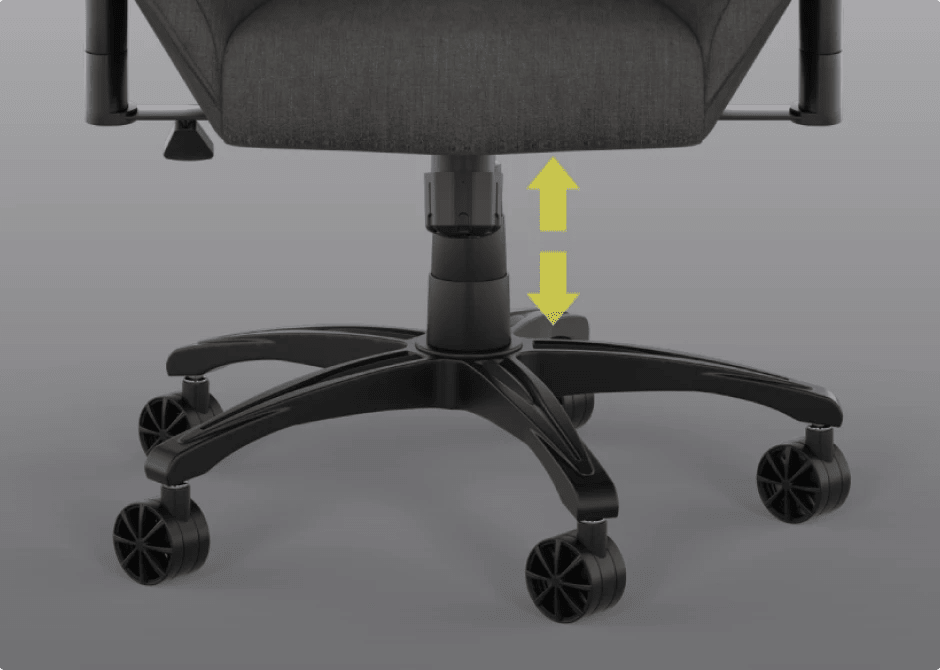 T3 RUSH gaming chair base and arm showing height adjustments.