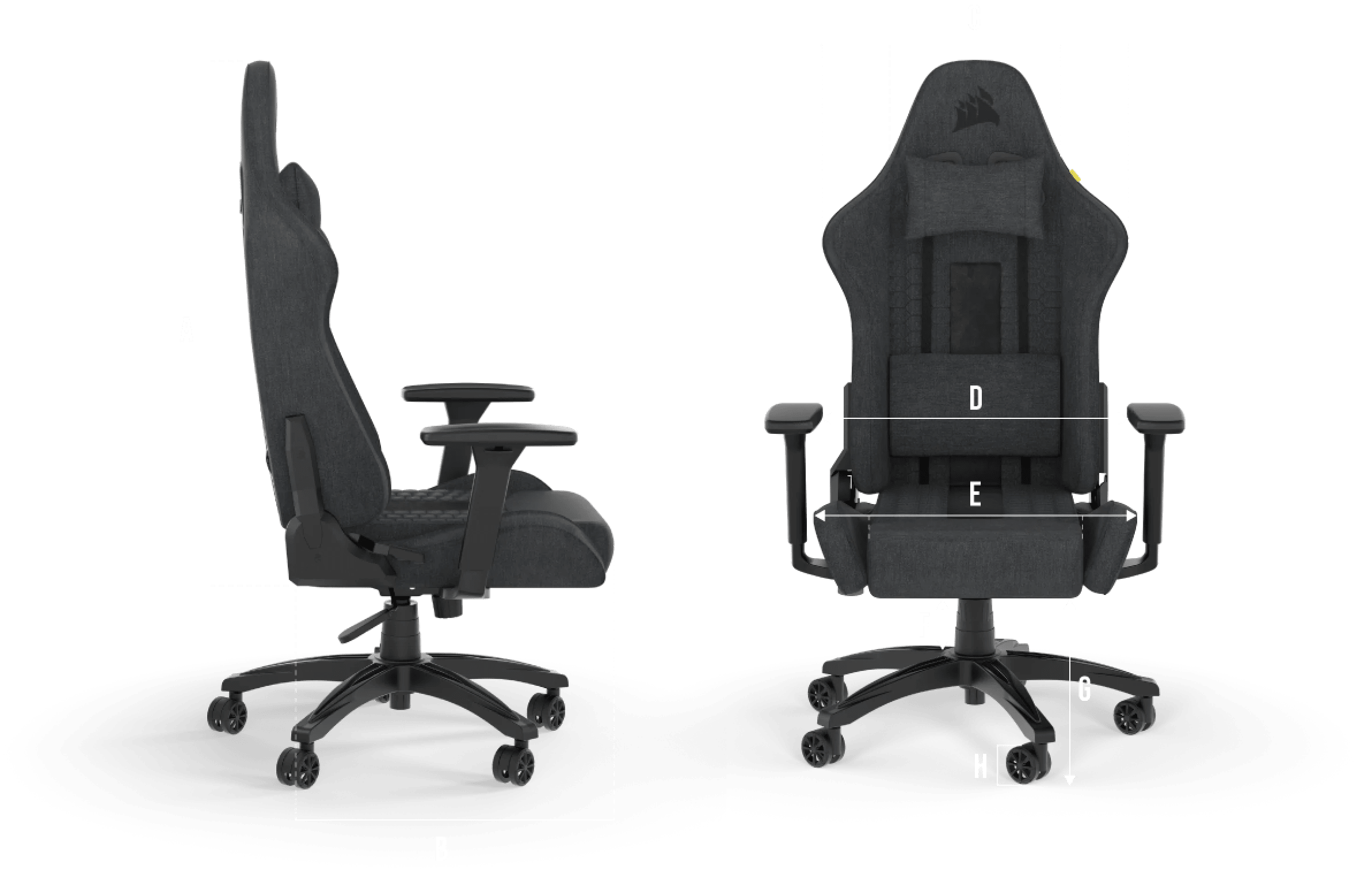 TC100 RELAXED Gaming chair, frontal and side view, with indicated size measurements.