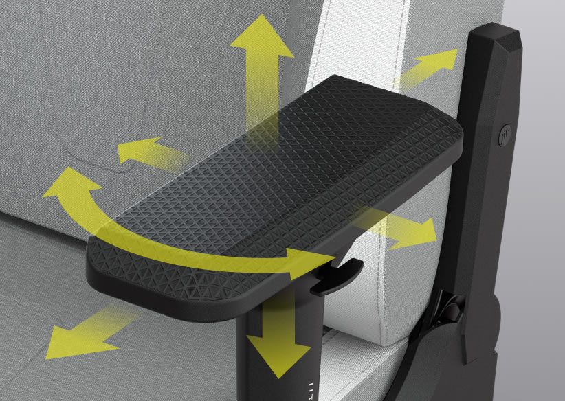 TC200 armrest with yellow arrows indicating adjustable directions