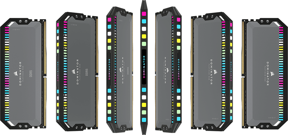 DOMINATOR PLATINUM RGB DDR5 DRAM memory for AMD AM5 compatible motherboards arranged in a pattern