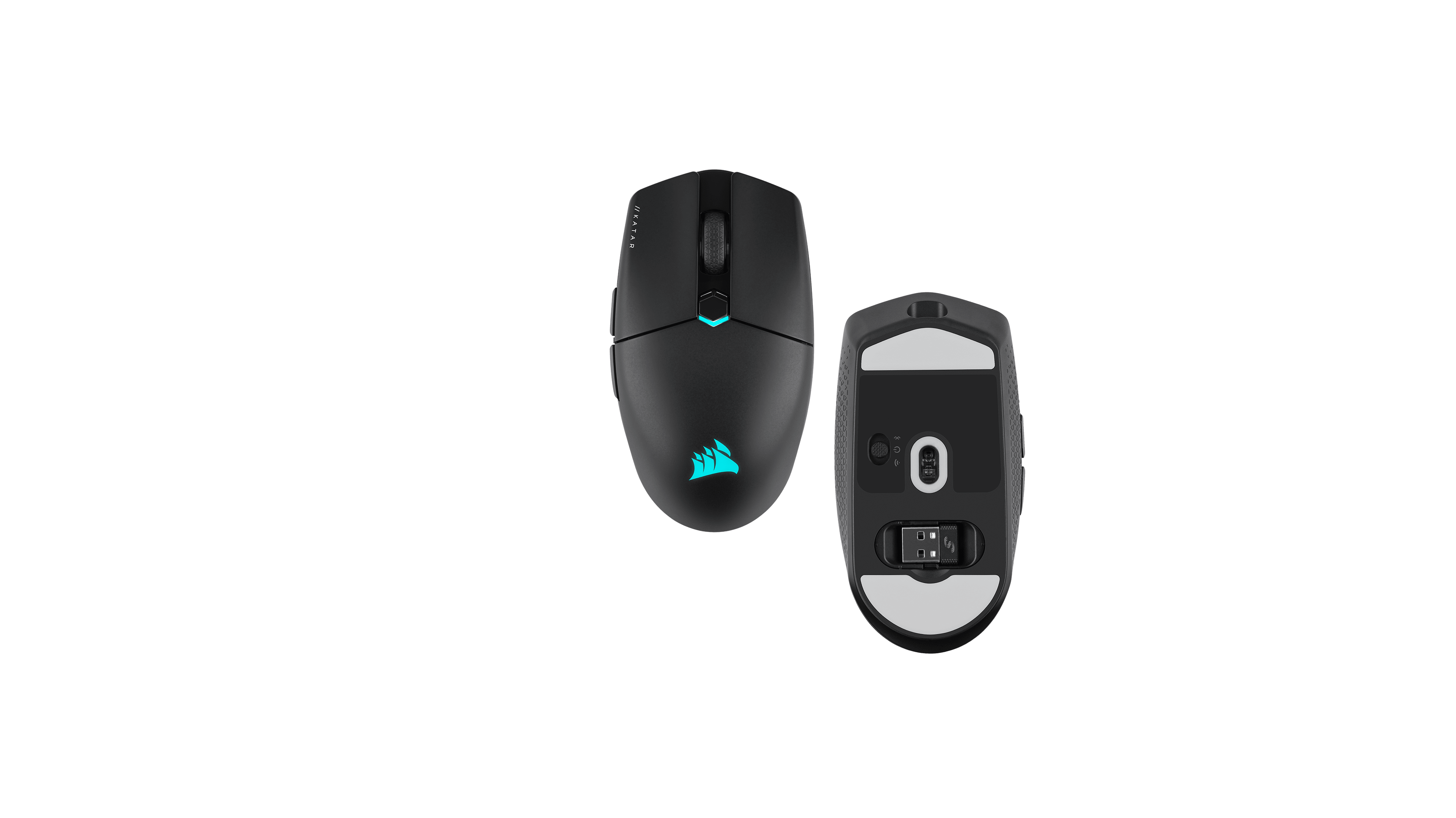 USB 収納が示された KATAR ELITE WIRELESS ゲーミングマウスの上部と裏面。