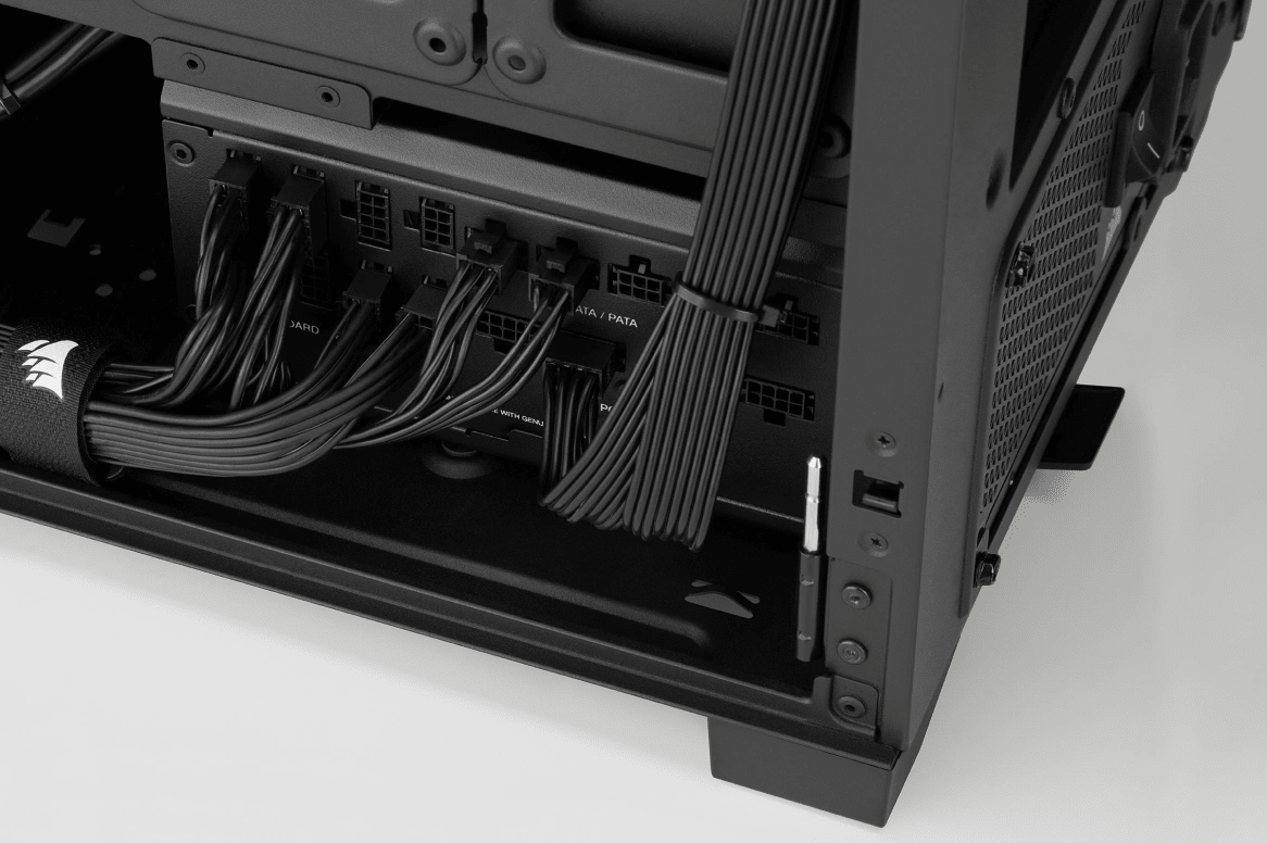 PC power supply with side connectors and installed cables.